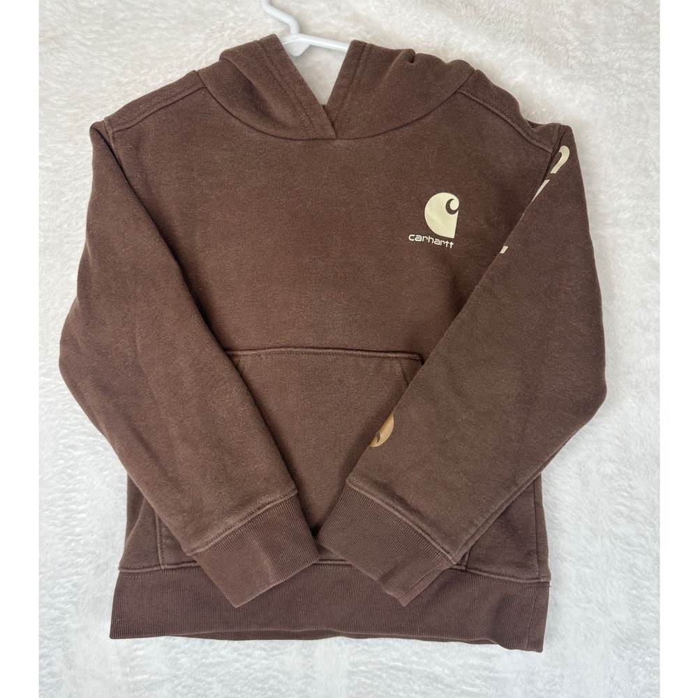 Carhartt Hoodie Kids 4 Brown Logo Graphic Sleeve Pullover Sweatshirt